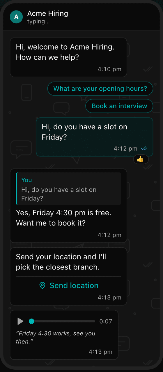 A Send location button and a voice note reply
