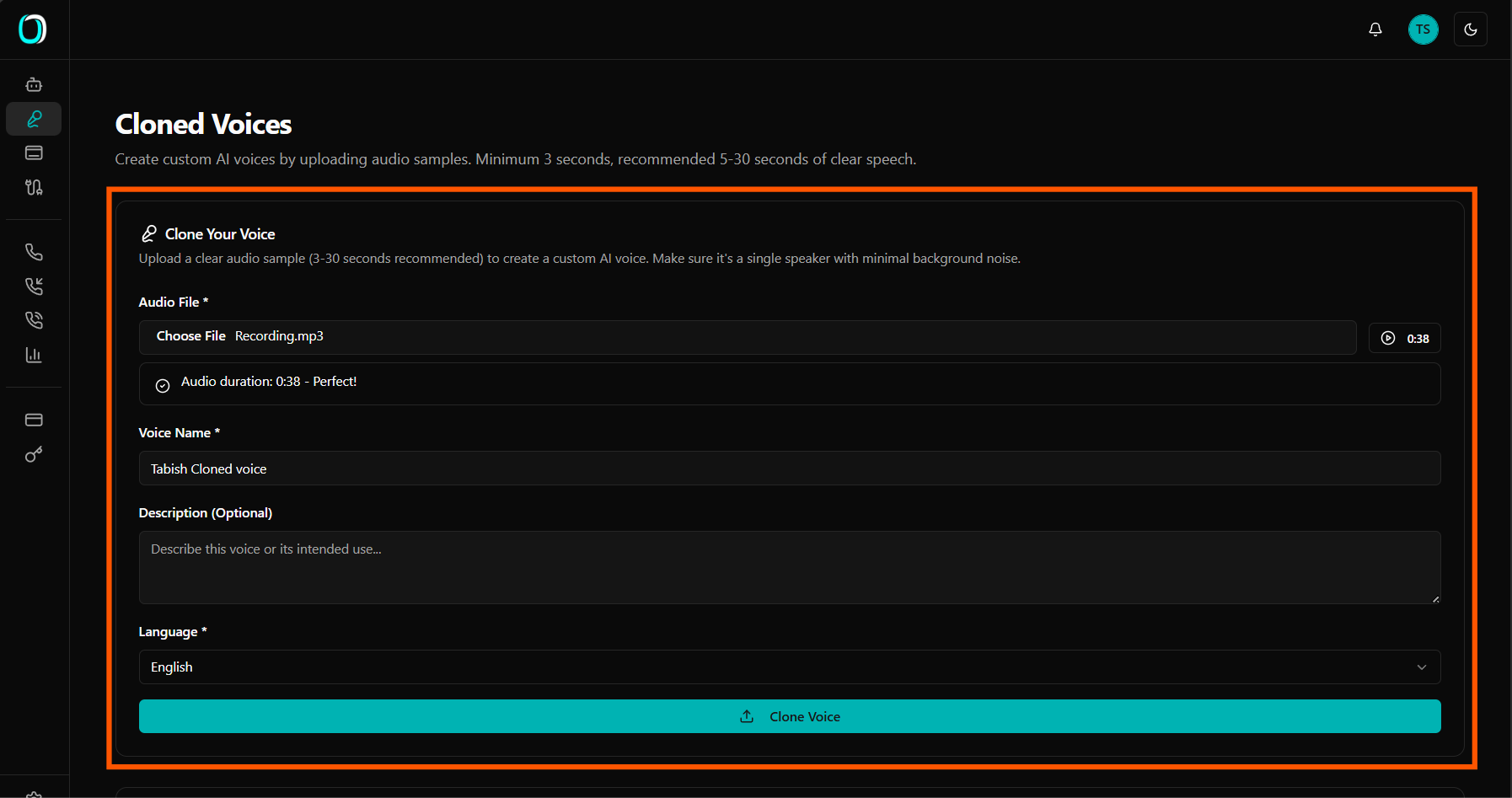 Fill in the name, language, and upload your audio sample