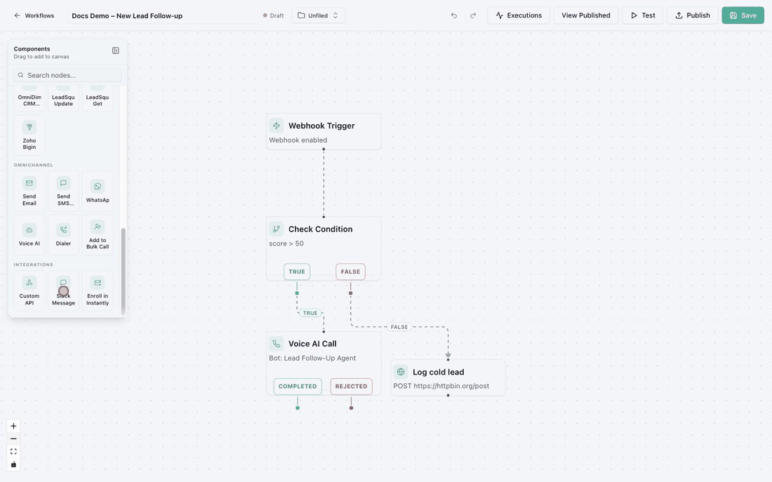 Dragging a Slack Message node onto the canvas and connecting it