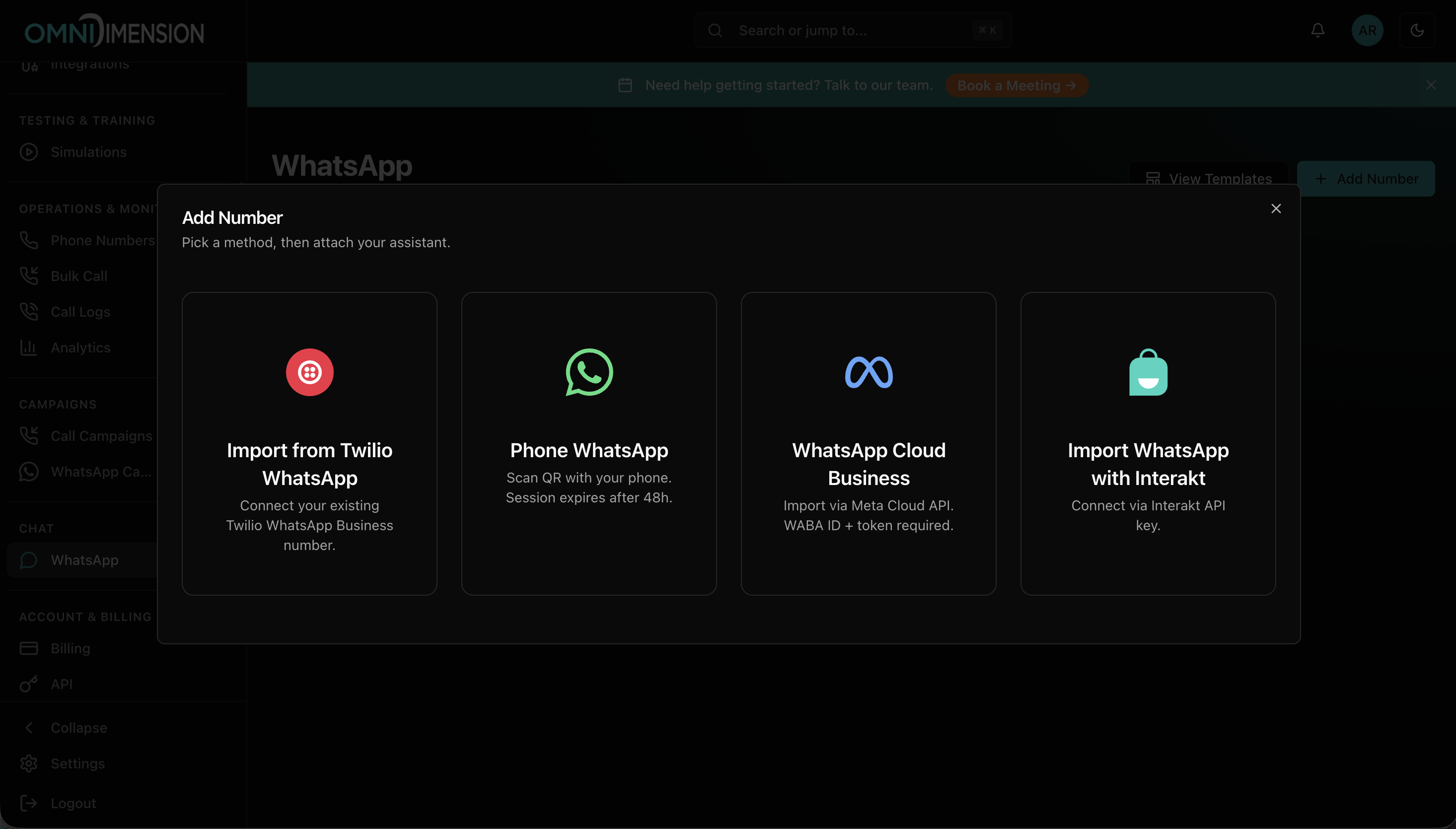 Add a WhatsApp number and pick a method