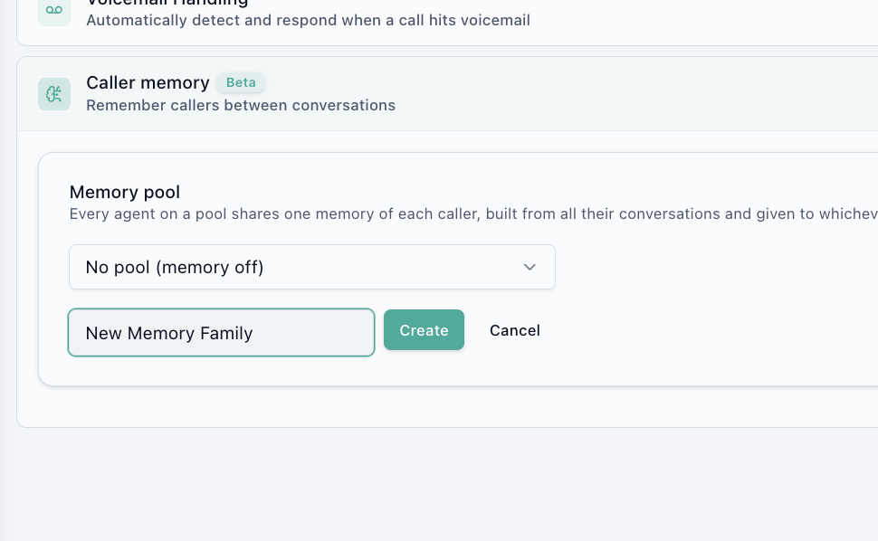 Creating a new pool inline from the agent's Memory pool setting