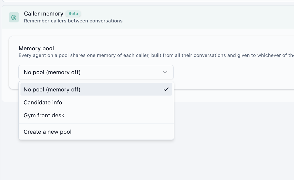 The Caller memory section of an agent's settings, with the Memory pool list open showing No pool (memory off), Candidate info, Gym front desk, and Create a new pool