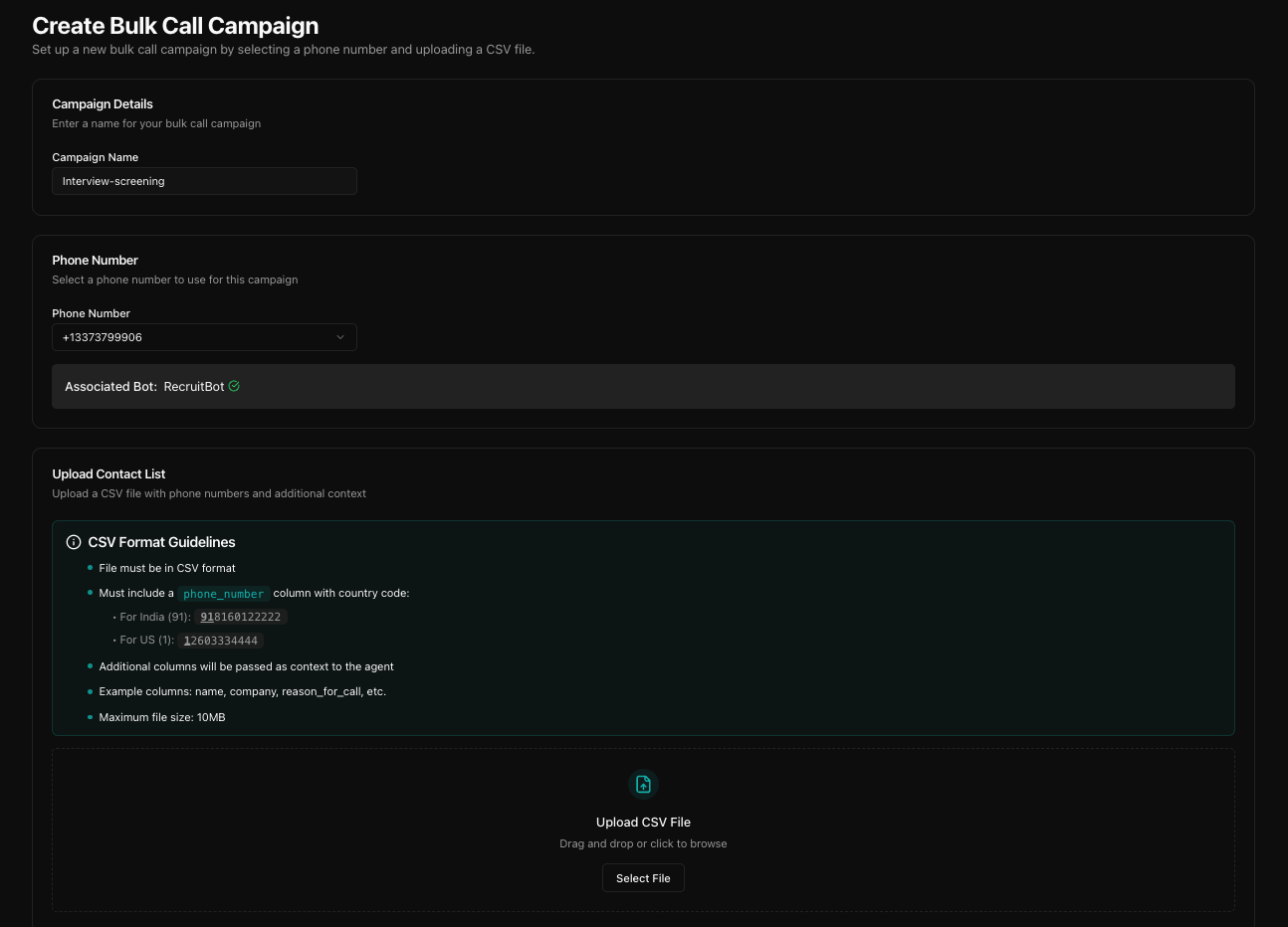 Bulk call campaign setup
