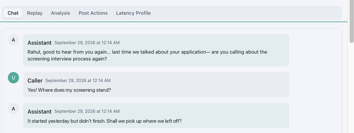 A call transcript where the agent greets Rahul, refers to his application, and offers to continue the unfinished screening