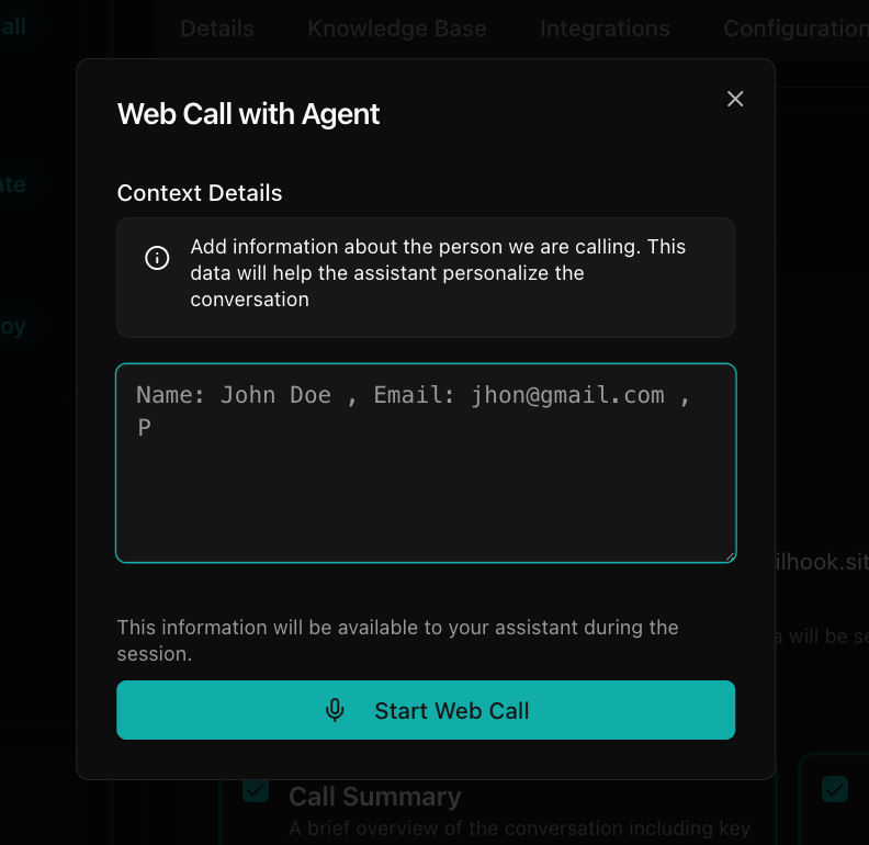 Test with web call interface, with context setup