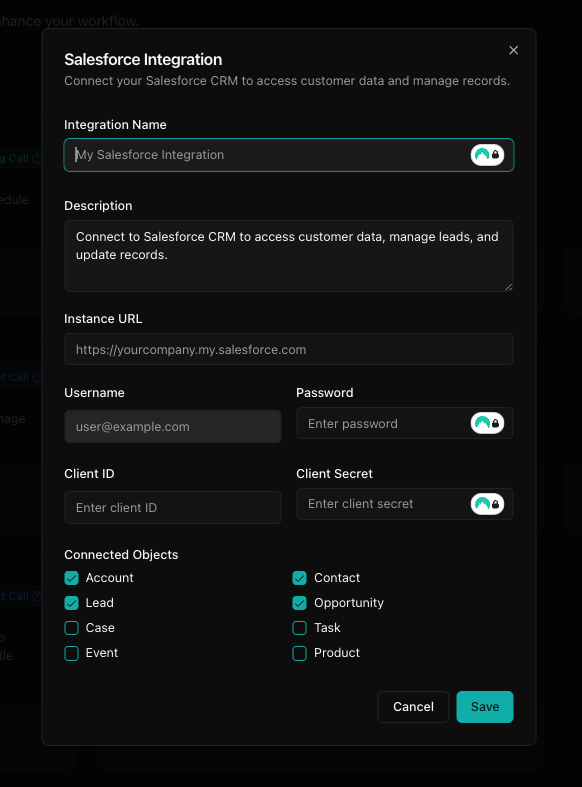Fields required for configuring the integration