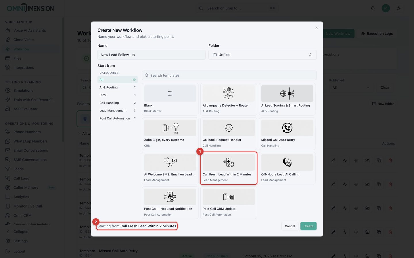 A template selected in the create dialog