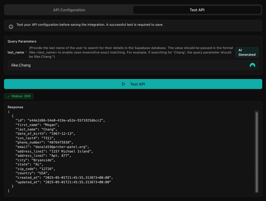 Supabase custom API testing