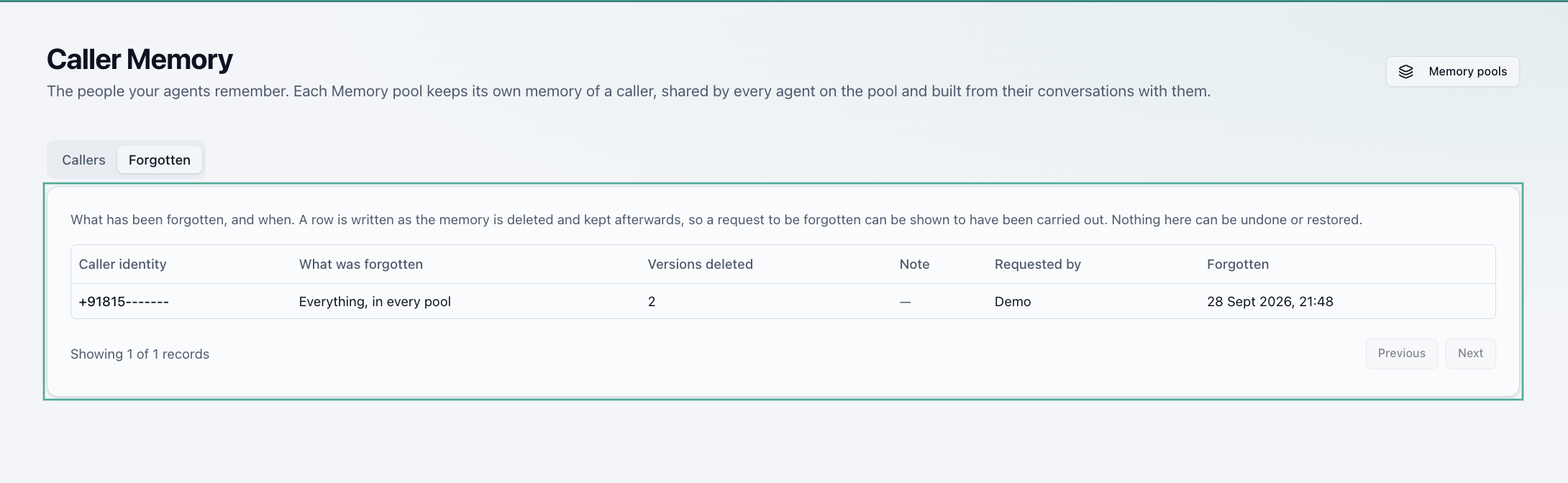 The Forgotten tab listing one caller forgotten everywhere, with the number of versions deleted, who requested it, and when