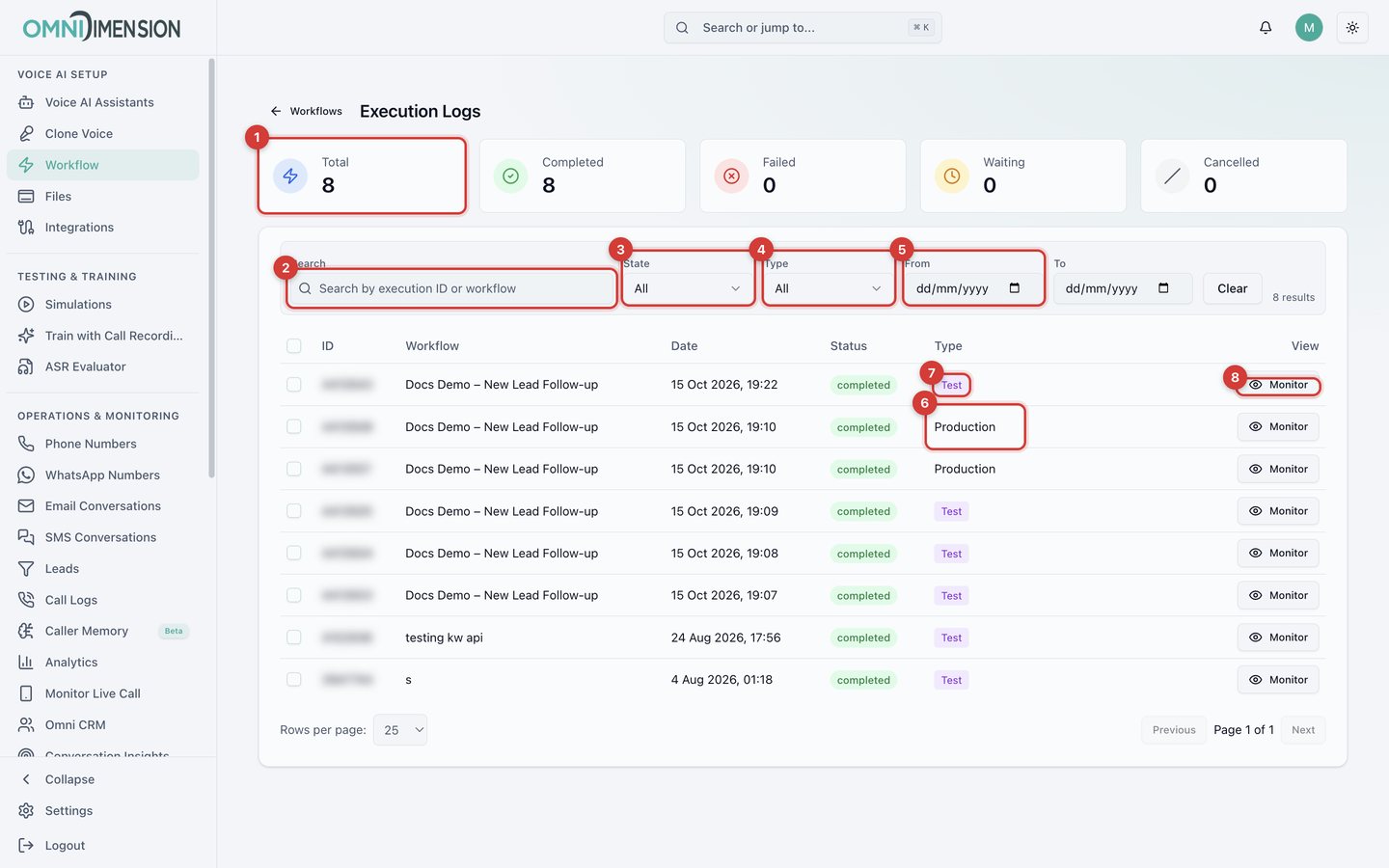 The Execution Logs page