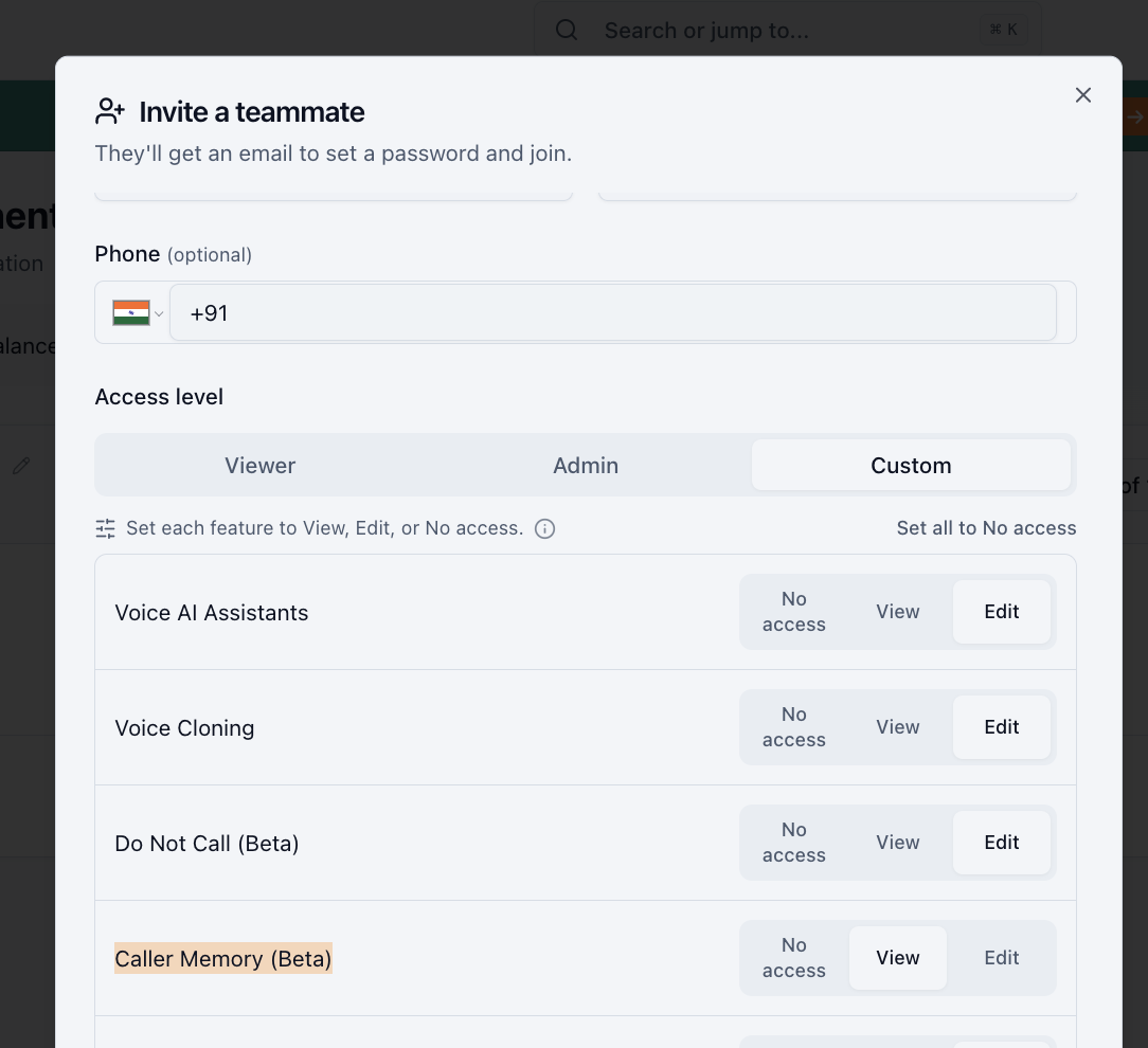 The invite-a-teammate dialog with custom access, showing Caller Memory (Beta) set to View