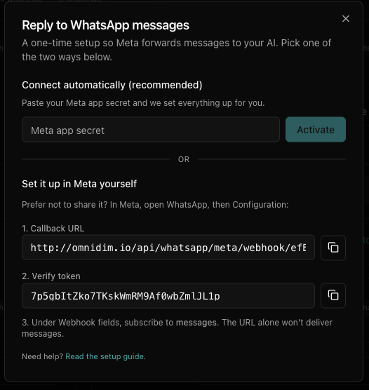 The Receive messages setup, with Connect automatically and Set it up in Meta yourself
