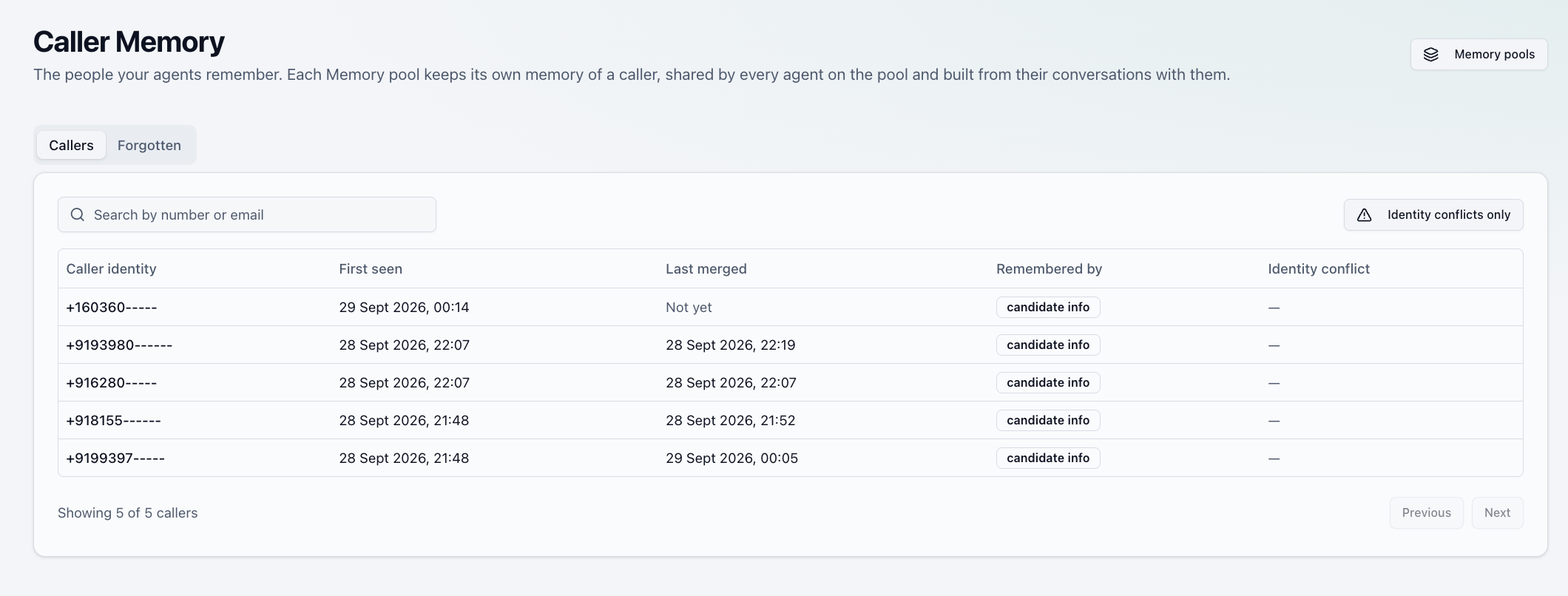The Caller Memory page with the Callers tab, a search box, and a list of callers remembered by the candidate info pool