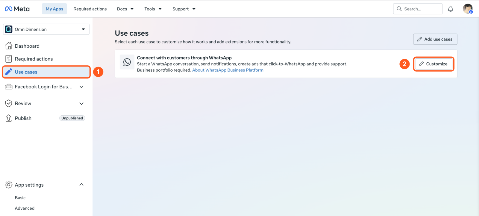 Meta App Dashboard: Use cases in the sidebar, then Customize