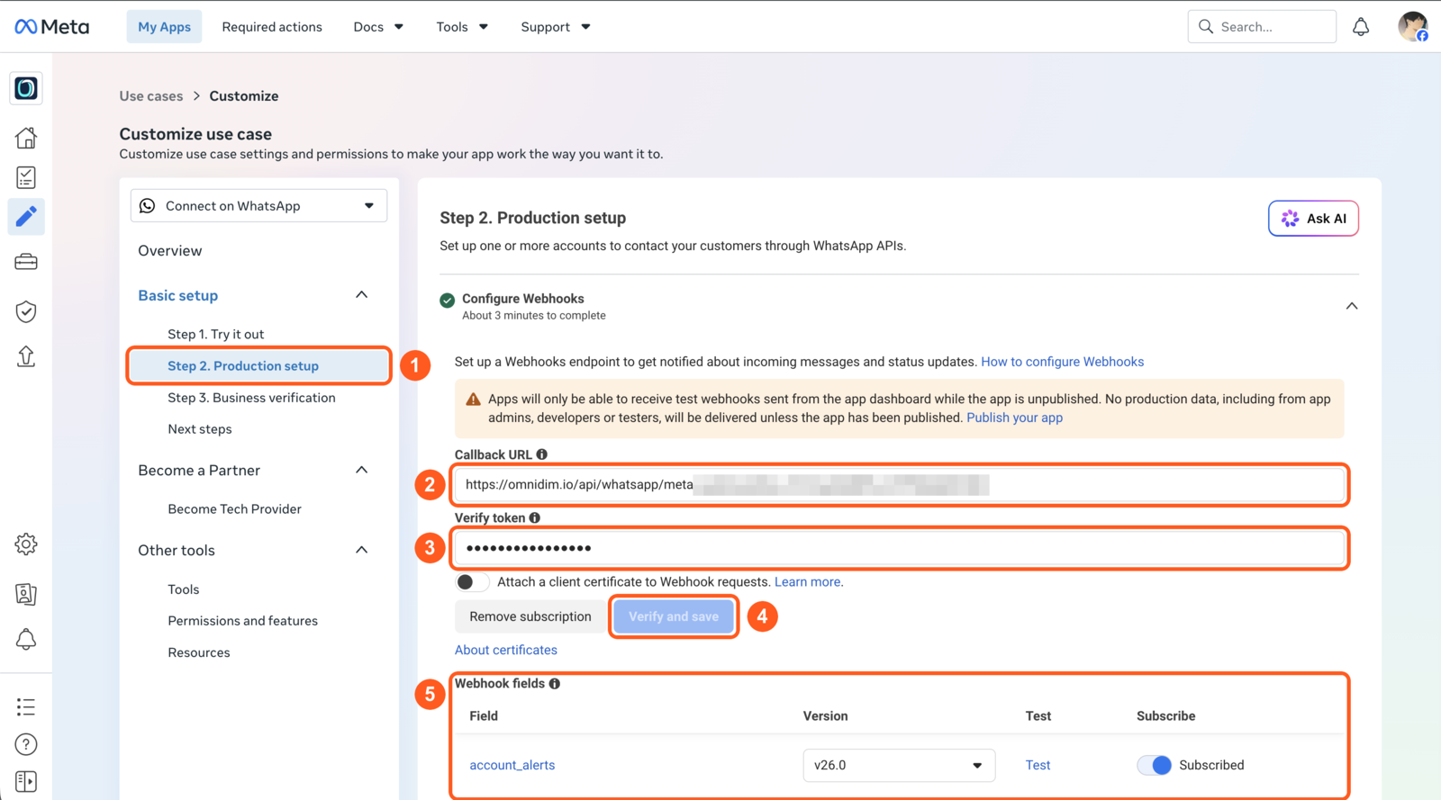 Configure Webhooks: Callback URL, Verify token, Verify and save, and Webhook fields