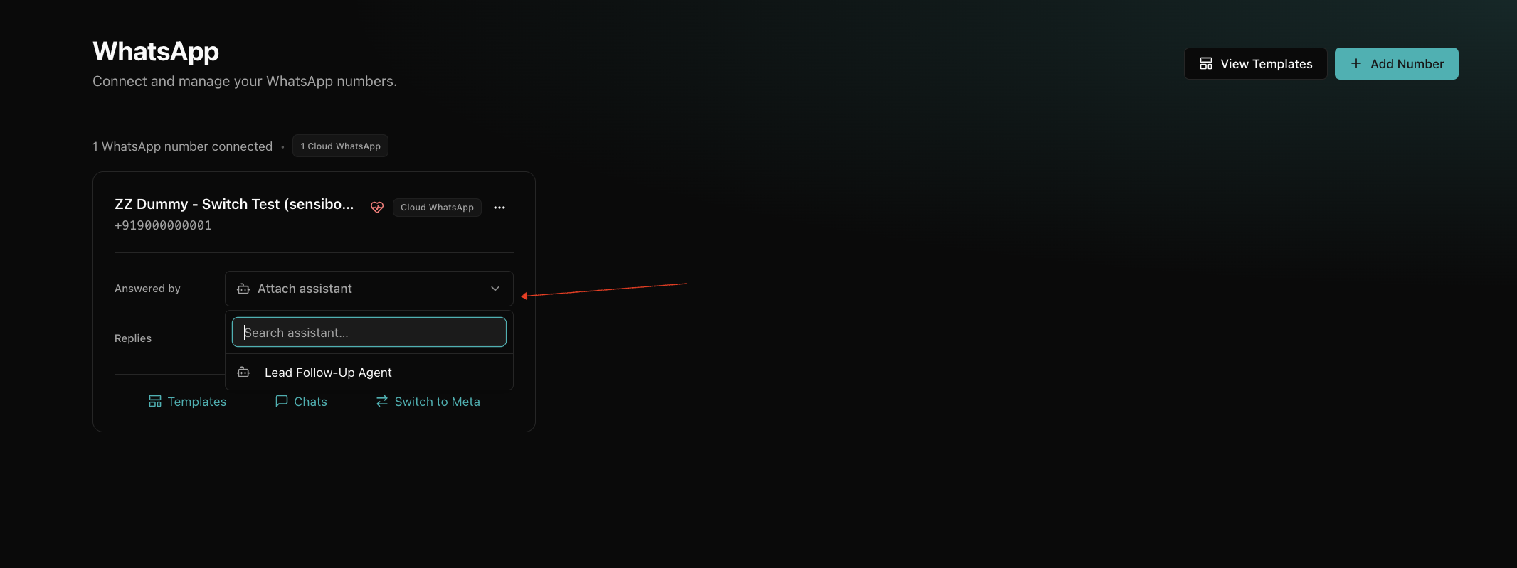 The Attach assistant dropdown on a connected WhatsApp number