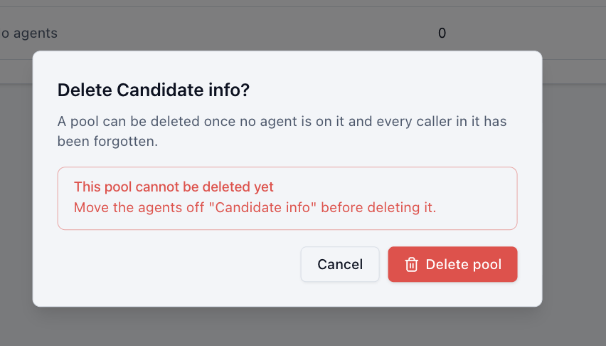 The Delete Candidate info dialog explaining that the pool cannot be deleted yet and that the agents must be moved off it first