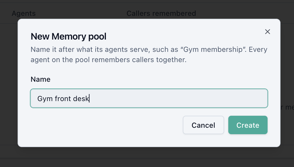 The New Memory pool dialog with the name Gym front desk typed in