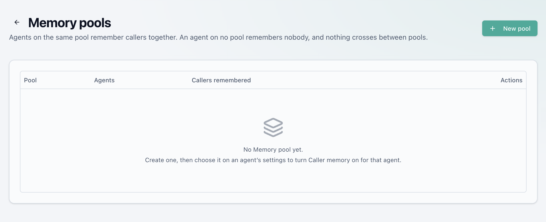 The Memory pools page with no pools yet, and a New pool button