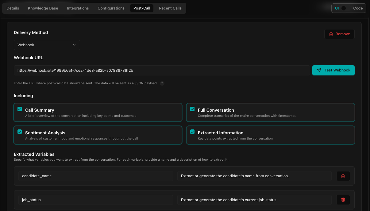 Webhook payload setup with call summary, full conversation, sentiment analysis, and extracted variables
