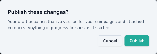 The publish confirmation dialog reading Publish these changes, explaining the draft becomes the live version for campaigns and attached numbers