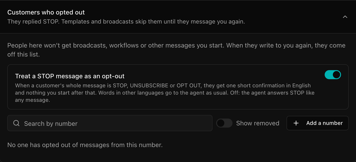 Customers who opted out, with the Treat a STOP message as an opt-out switch