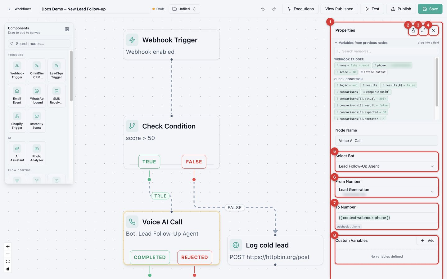 The Properties panel of a Voice AI Call node