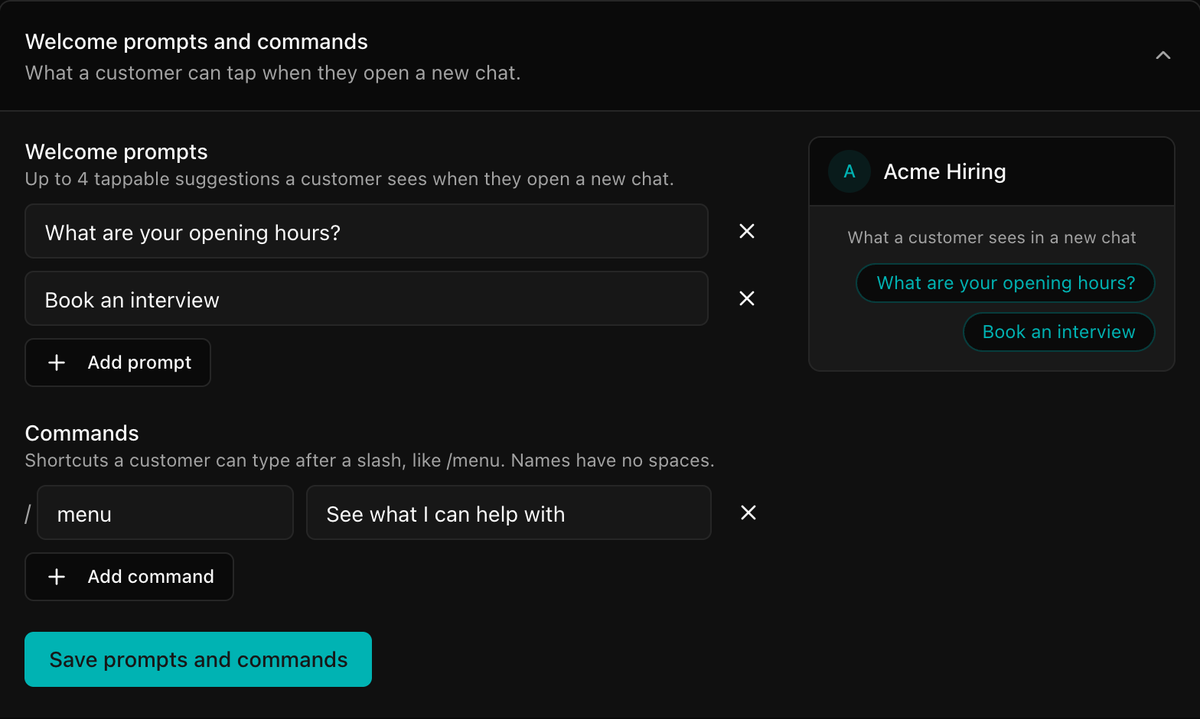 Welcome prompts and commands, with a preview of the new-chat suggestions