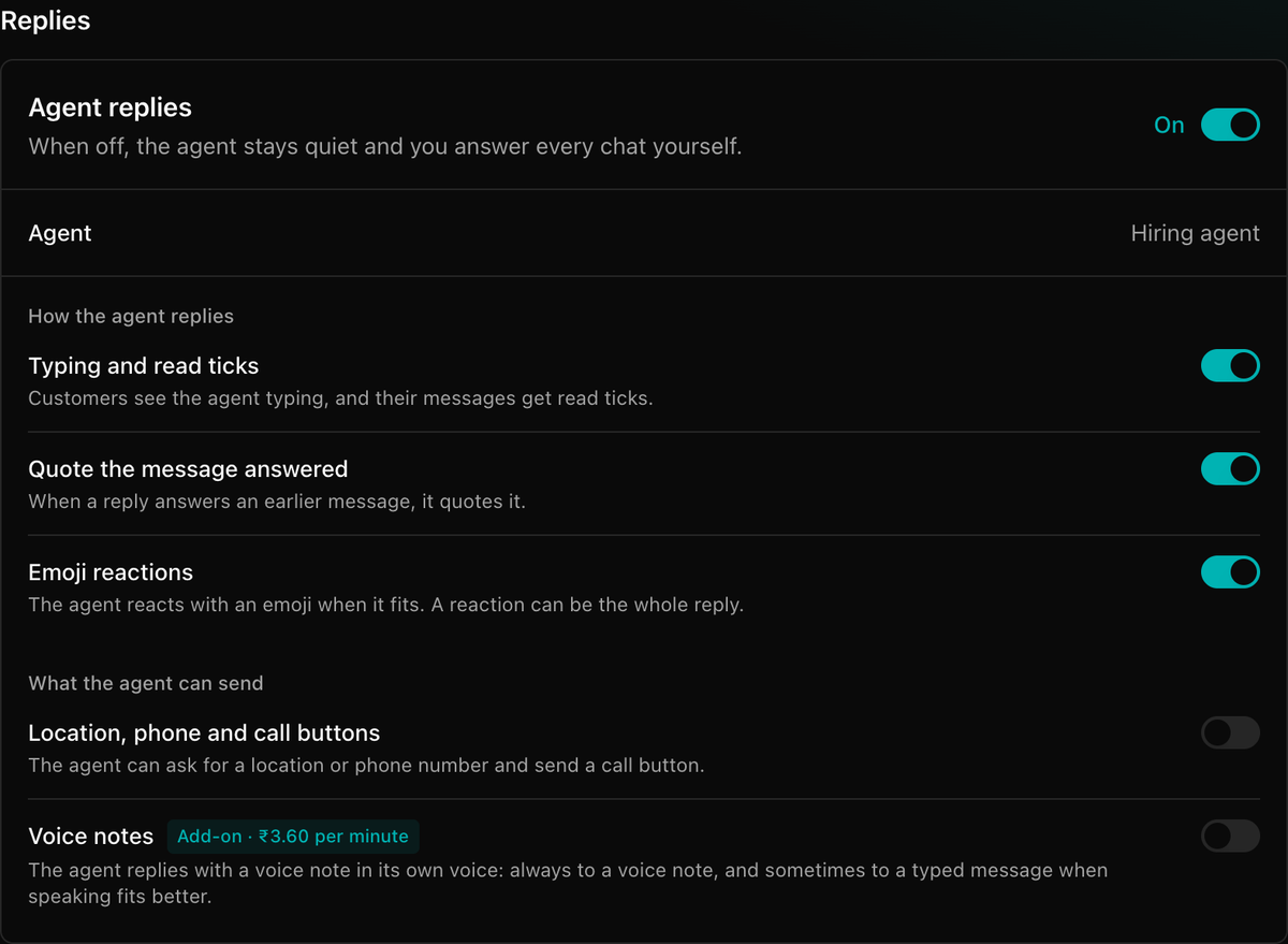 The Replies section of Number settings with Agent replies and the reply switches