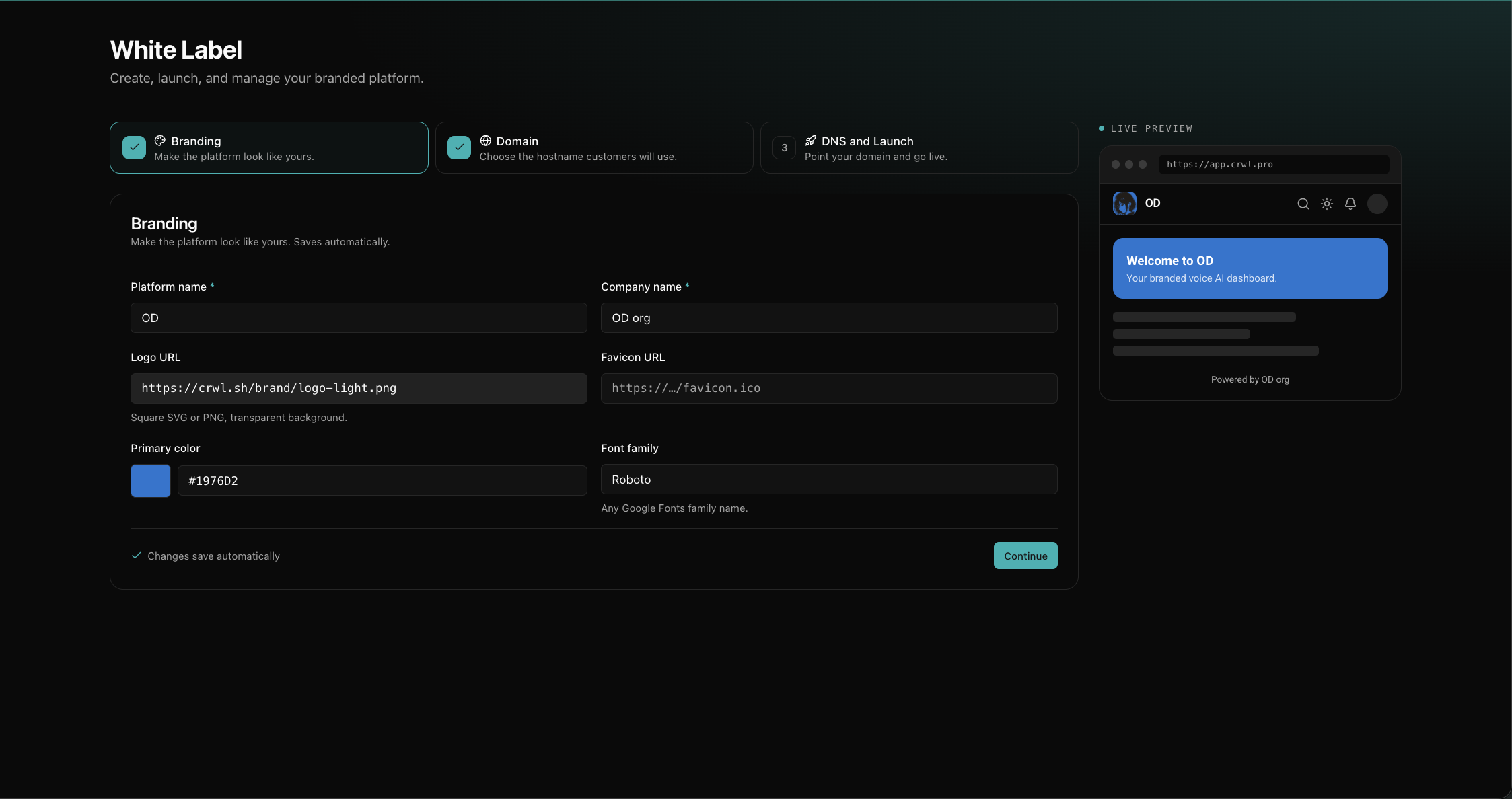 The Branding step: platform name, company name, logo, colors, and font, with a live preview of your dashboard