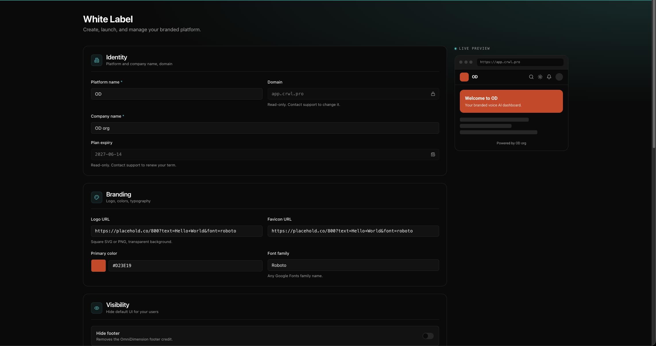 The White Label settings: edit logo, favicon, colors, font, and visibility, with a live preview