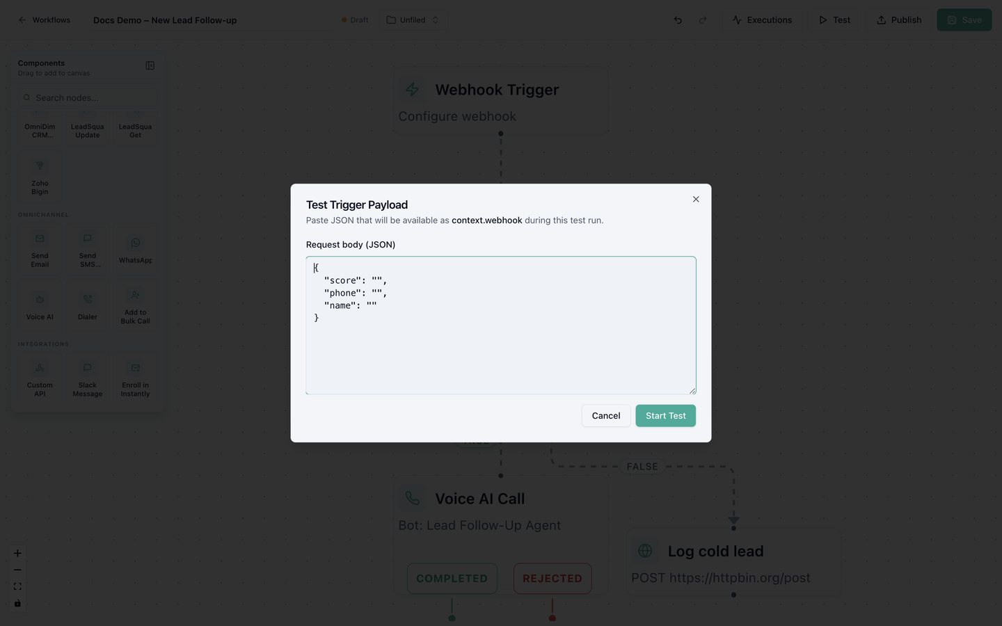 The test box lists the fields your nodes use