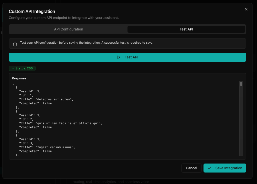 Running a test before saving integration