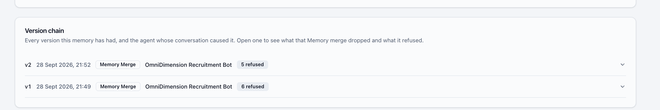 The Version chain of a memory, with two versions written by the recruitment agent and the number of details each one refused