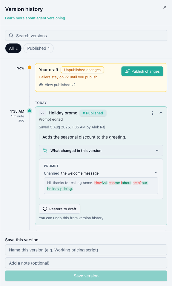 An expanded version showing the welcome message edit with removed words struck through and added words highlighted, plus a Restore to draft button