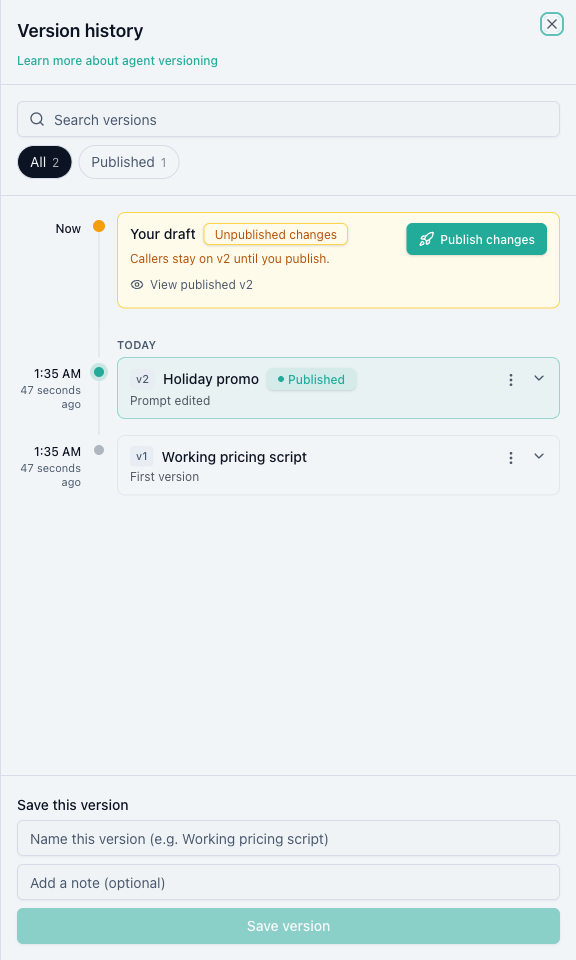 The Version history panel showing a draft with unpublished changes above two saved versions, one carrying a Published badge