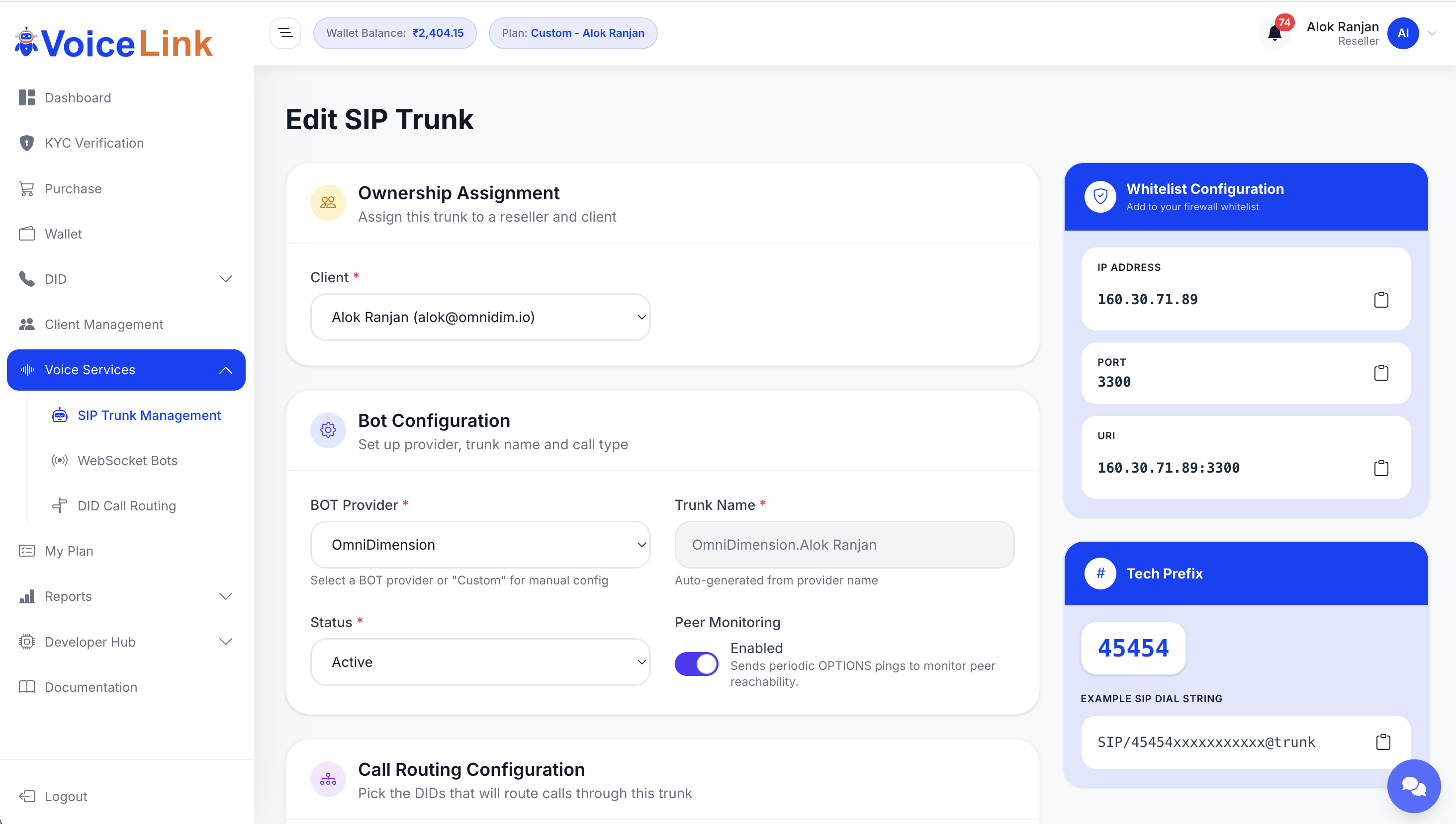 Voicelink SIP trunk Bot Configuration set to OmniDimension