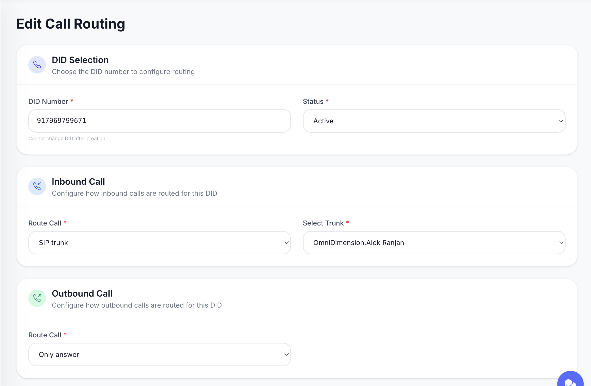 Voicelink DID routing with SIP trunk inbound and Only answer outbound