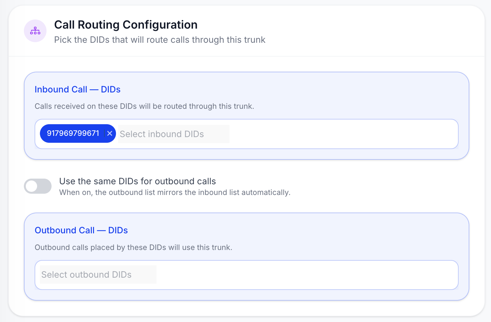 Voicelink trunk call routing with a DID selected for inbound and outbound