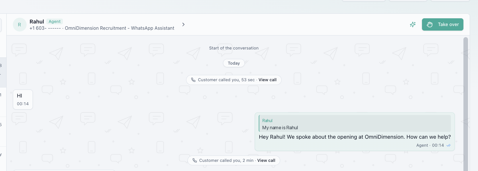 A WhatsApp thread where the assistant greets Rahul by name and refers to the job opening they discussed earlier